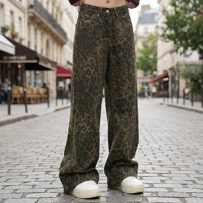 women jeans, wide leg jeans, leopard jeans, wide leg pants, denim pants
