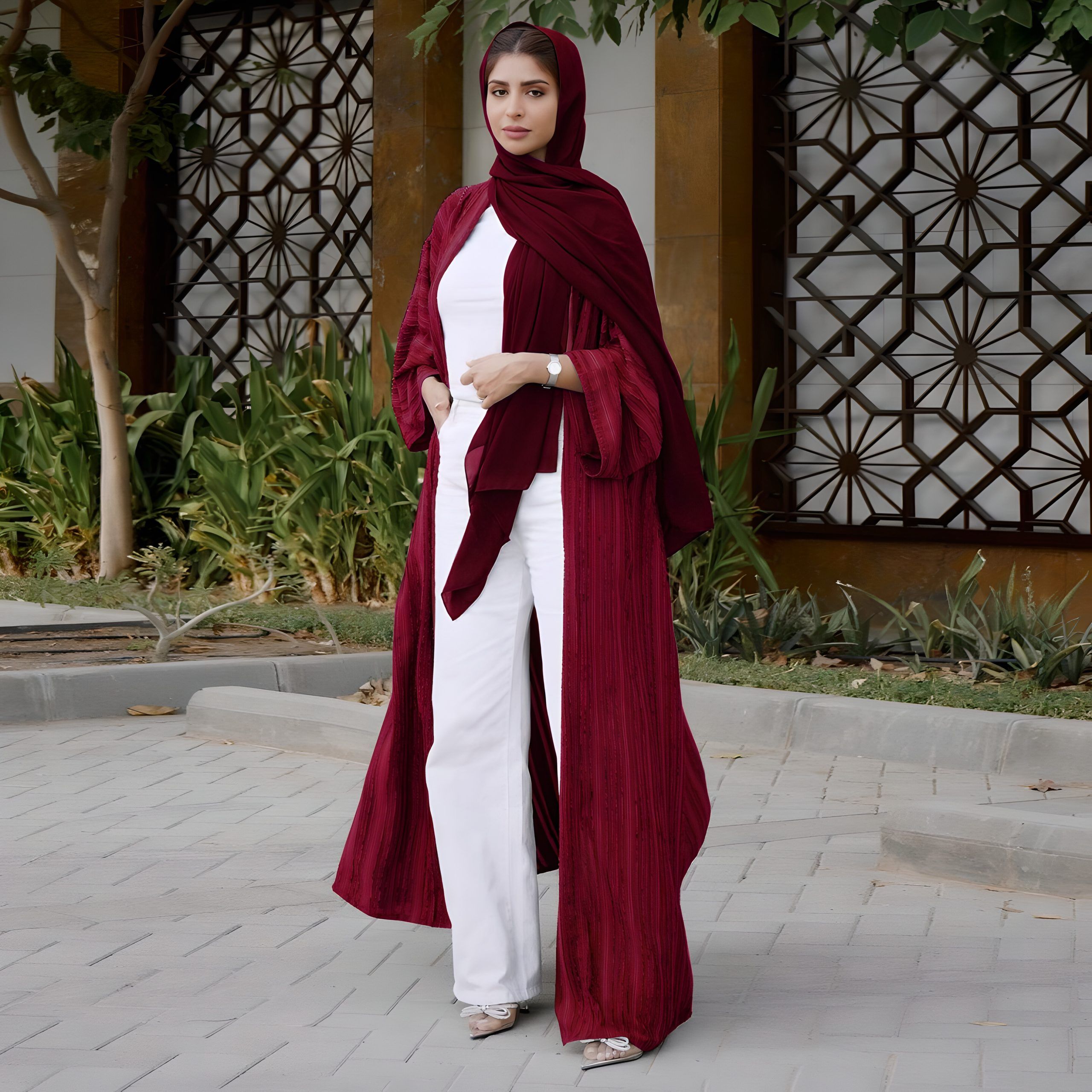 Women’s Open Abaya Long Cardigan Robe KIMONOMO red2