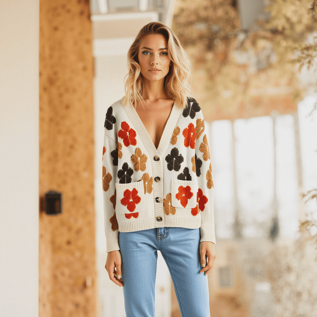 strickjacke, blumen strickjacke, v-ausschnitt strickjacke, langärmlige strickjacke