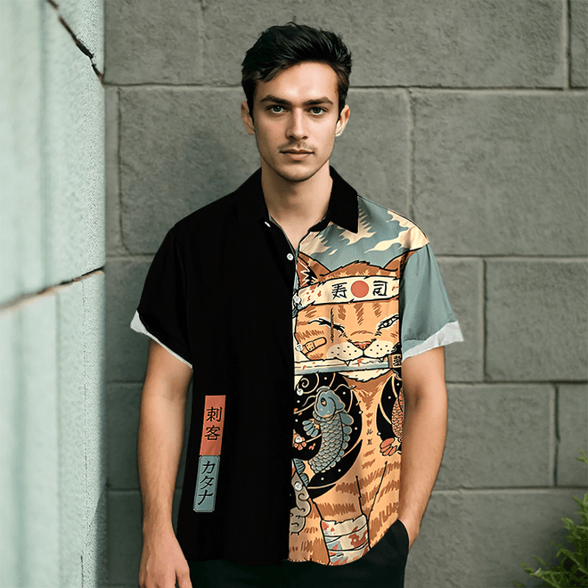 Herrenhemd, kurzärmliges Hemd, Hemd im japanischen Stil, Hemd mit Katzenmotiv