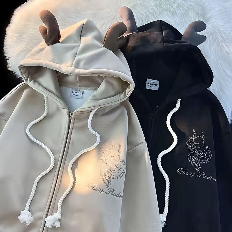 Herren Hoodie, Drachen Hoodie, Hoodie mit Hörnern, weiter Hoodie, Oversize Hoodie
