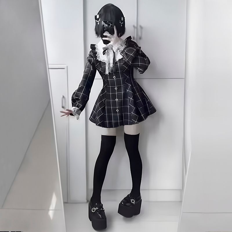Kleid mit langen Ärmeln, schwarzes Kleid, Kleid mit Schleife, kariertes Kleid, Kleid mit Kragen
