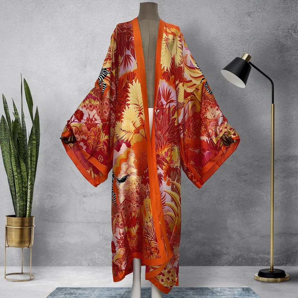 Women’s Boho Kimono Long Beach Robe _ Amber Leaves KIMONOMO 1