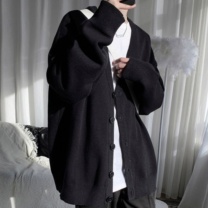black_Men’s V-Neck Knitted Loose-Fit Cardigan