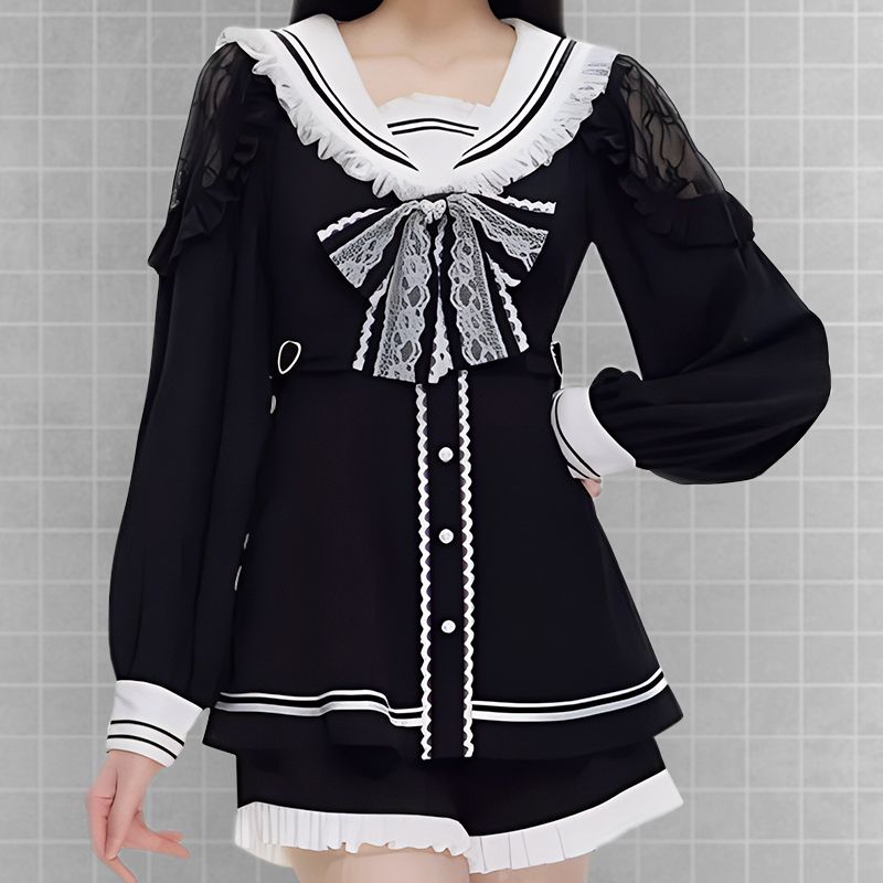 schwarzes Kleid, Kleid mit Schleife, langärmliges Kleid, Gothic-Kleid, japanisches Kleid, Kleid mit Shorts